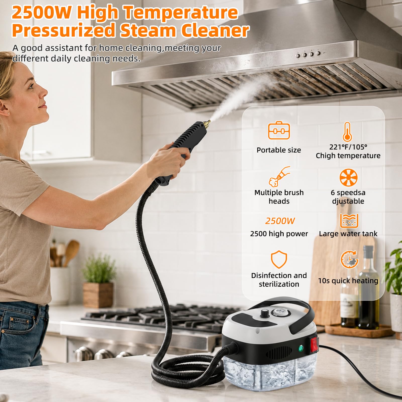 Dampfreiniger Handgerät,6-stufig einstellbarer Dampfreiniger,2500W Hochdruck Handdampfreiniger mit 1L Wassertank,10s Schnellheizungs Handdampfreiniger für Küche, Bad, Auto, Fliesen & BBQ Reinigung
