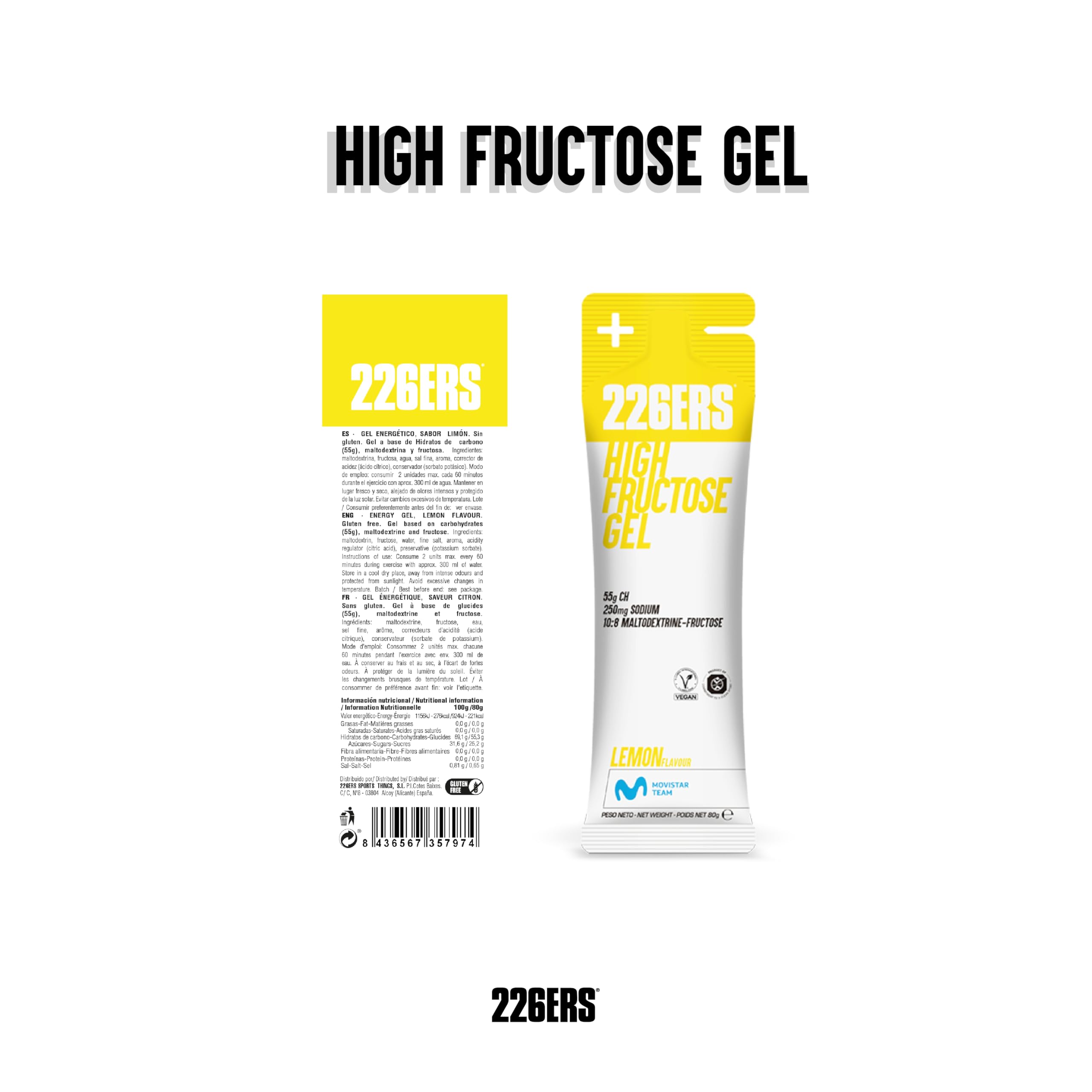 226ERS High Fructose Gel Energiegel, Zitronengeschmack, 24 x 80 g | Maltodextrin und Fruktose, Vegan, Glutenfrei, Für Sportler, Kohlenhydratzufuhr