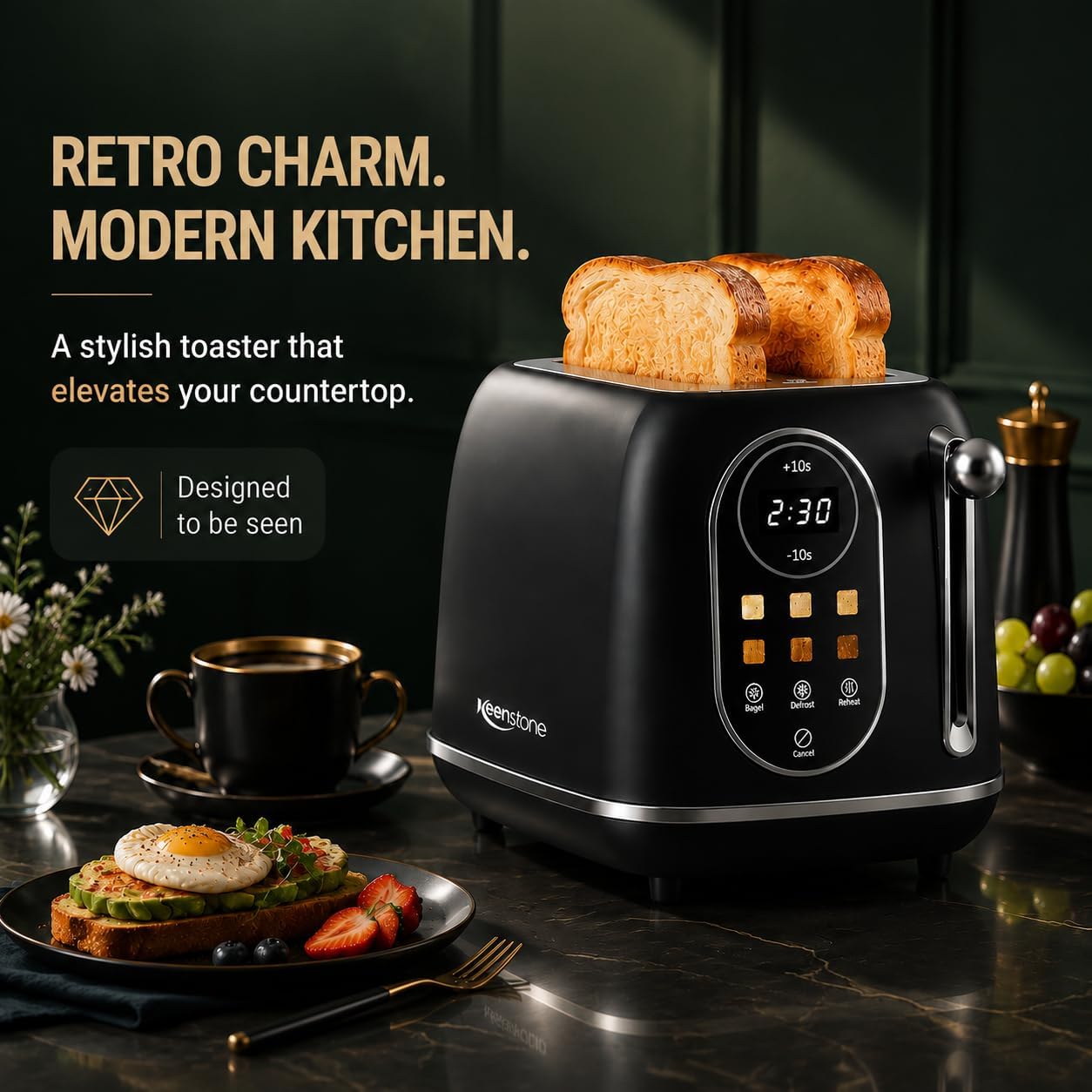 Keenstone Touch Screen 2 Slice Toaster, Retro Wide Slot Stainless Steel