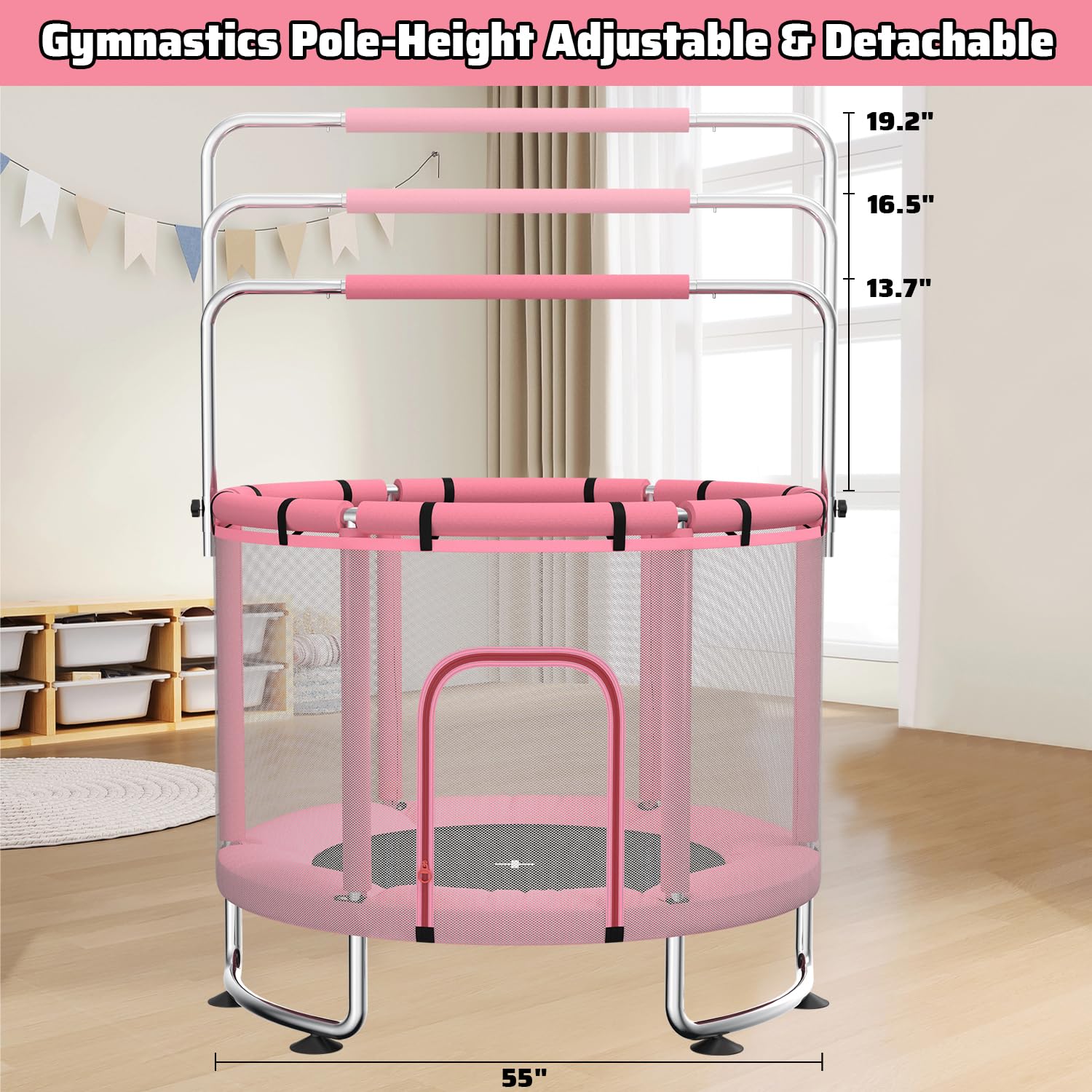 Maxbinton Trampoline pour Enfants 140 cm intérieur/extérieur – Charge maximale 50 kg avec Filet de sécurité, Barre de Gymnastique réglable et Panier de Basket, Cadeau pour garçons et Filles - 3