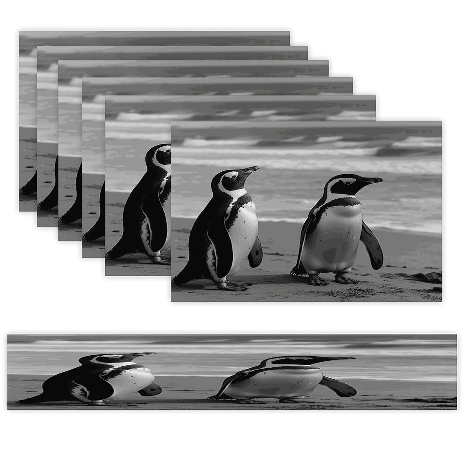Penguin Standing on The Beach Table Runner and Placemats Set of 6 for Kitchen Washable Table Mats Heat Resistant Place Mats Non-Slip Place Mat Wipeable Placemat(6 Placemats+1 Table Runner)