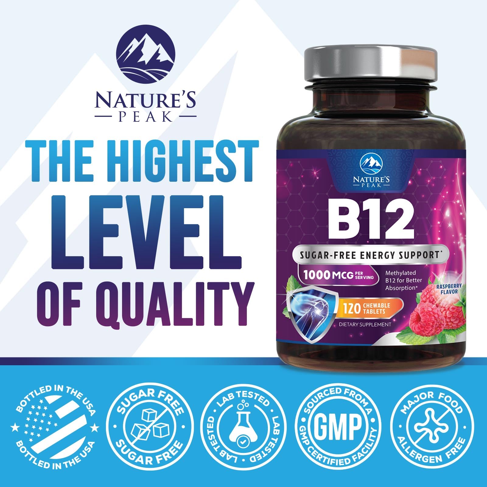 Vitamin B12 Complex (Methylcobalamin) 1000 mcg - 3X Strength B 12 Vitamins Supplement for Cellular Energy Metabolism, Nature's Nervous System Support, Bottled USA, Berry Flavor - 120 Chewable Tablets — Amazon image 4