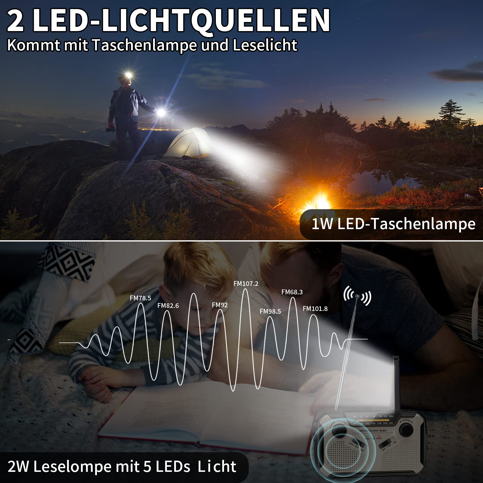 Solar Radio, AM/FM Tragbar Kurbelradio Dynamo Notfallradio mit 4000mAh Wiederaufladbare Batterie, Led Taschenlampe, SOS-Alarm für Camping, Ourdoor, Notfall (Grey)