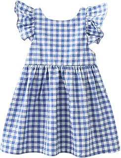 Vestido infantil de verão com manga mosca, estampa de treliça, gravata borboleta, costas nuas, vestido de princesa, vestido infantil de ombro vazado