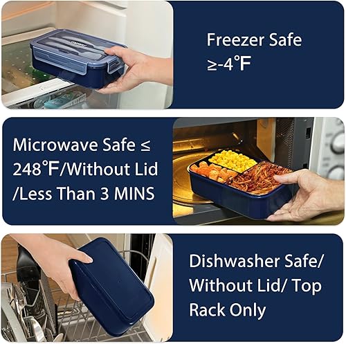 Miniatura 5 de Lonchera clásica Bento  Contenedores de almuerzo de 3 compartimentos con fugas, juego de utensilios integrado, apto para microondas y lavavajillas,