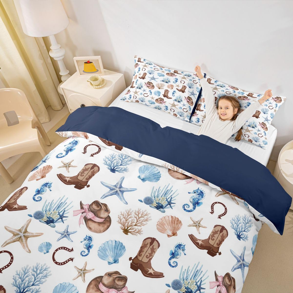 Homewish Motyw plażowy podwójna poszewka na kołdrę zachodni kowbojski zestaw pościeli dla dzieci nastolatków dorosłych ocean rozgwiazda i konik morski poszewka na kołdrę morska plaża muszla zestawy