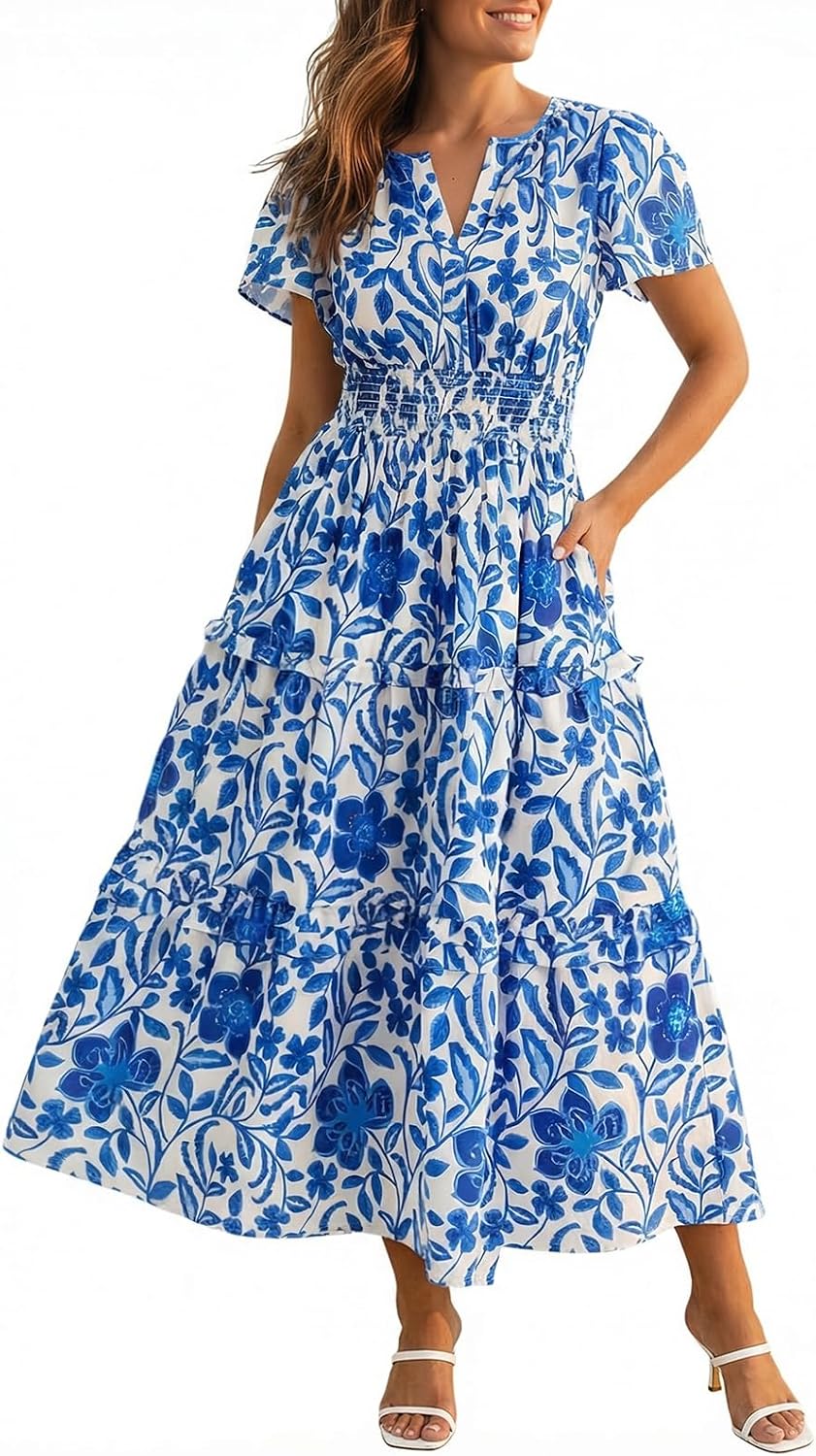 Wenrine Womens Summer Short Sleeve Maxi Dresses Casual Floral V Neck Smocked Tiered Flowy Boho Beach Sundress