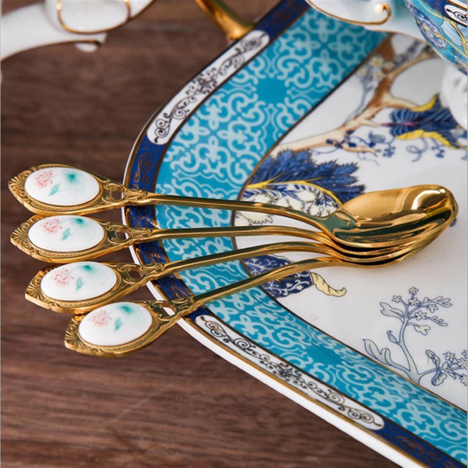 JINGYAN Cucchiaini da caffè Golden Coffee Spoon Retro Small Stainless Steel Ceramic Handle Dessert Afternoon Tea Black Gift(Lotus)