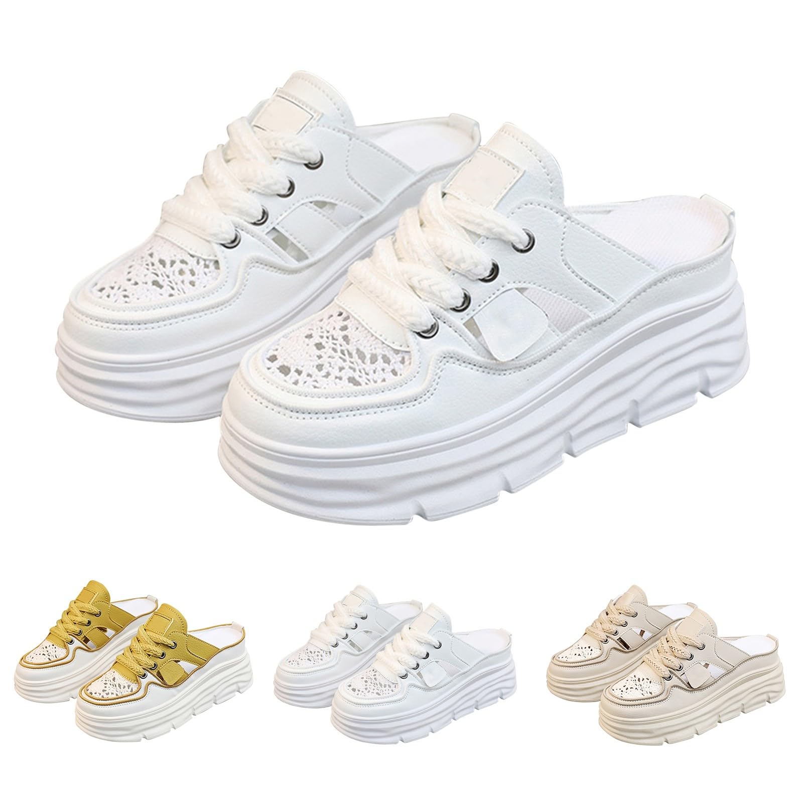 Generico Zapatillas de deporte mujer verano lona - Sandalias mujer cerradas delante y abiertas detrás sandalia plataforma con cordones zapatillas punta redonda patrón perforado zapatos ligeros y