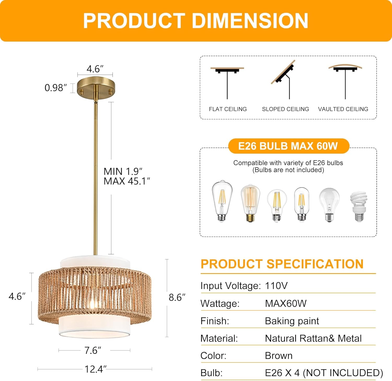 12.4"Farmhouse Chandelier for Dining Room, 1-Light Boho Rattan Chandelier Light Fixture Ceiling Hanging with Fabric Lampshade, Small Wicker Coastal Pendant Light for Kitchen Bedroom Island Hallway
