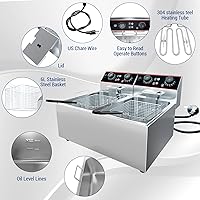 Vista 5 de Freidora comercial, freidora eléctrica de 16.8 cuartos de galón con doble cesta y tapa, freidora de acero inoxidable con control de temperatura