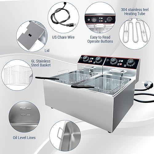 Miniatura 5 de Freidora comercial, freidora eléctrica de 16.8 cuartos de galón con doble cesta y tapa, freidora de acero inoxidable con control de temperatura