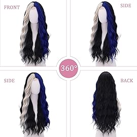 Black Blue Wig - Blue Platinum Blonde Highlight Wigs-Long Synthetic Wig Heat Resistant Fiber Wigs for Daily Party Halloween Cosplay