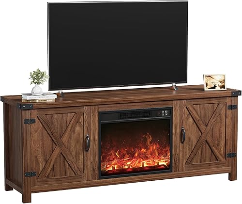 Miniatura 9 de YESHOMY Soporte de TV con chimenea con dos puertas de granero y armarios de almacenamiento para televisores de hasta 65 pulgadas, mesa consola
