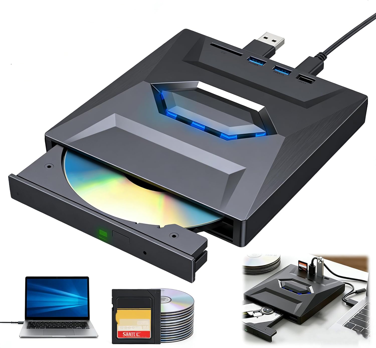 External CD DVD Drive USB 3.0 Type-C, Portable DVD Burner CD/DVD +/-RW Optical Drive with SD Card Reader & USB Port, Plug and Play CD ROM Reader Writer for Laptop Desktop PC Windows Mac OS Linux