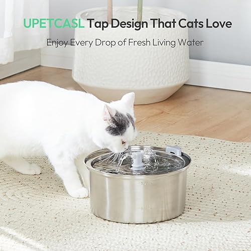 Miniatura 6 de UPETCASL Fuente de agua para gatos de acero inoxidable, 3.2L108 onzas, fuente de agua para mascotas para gatos en el interior con dos grifos, bomba