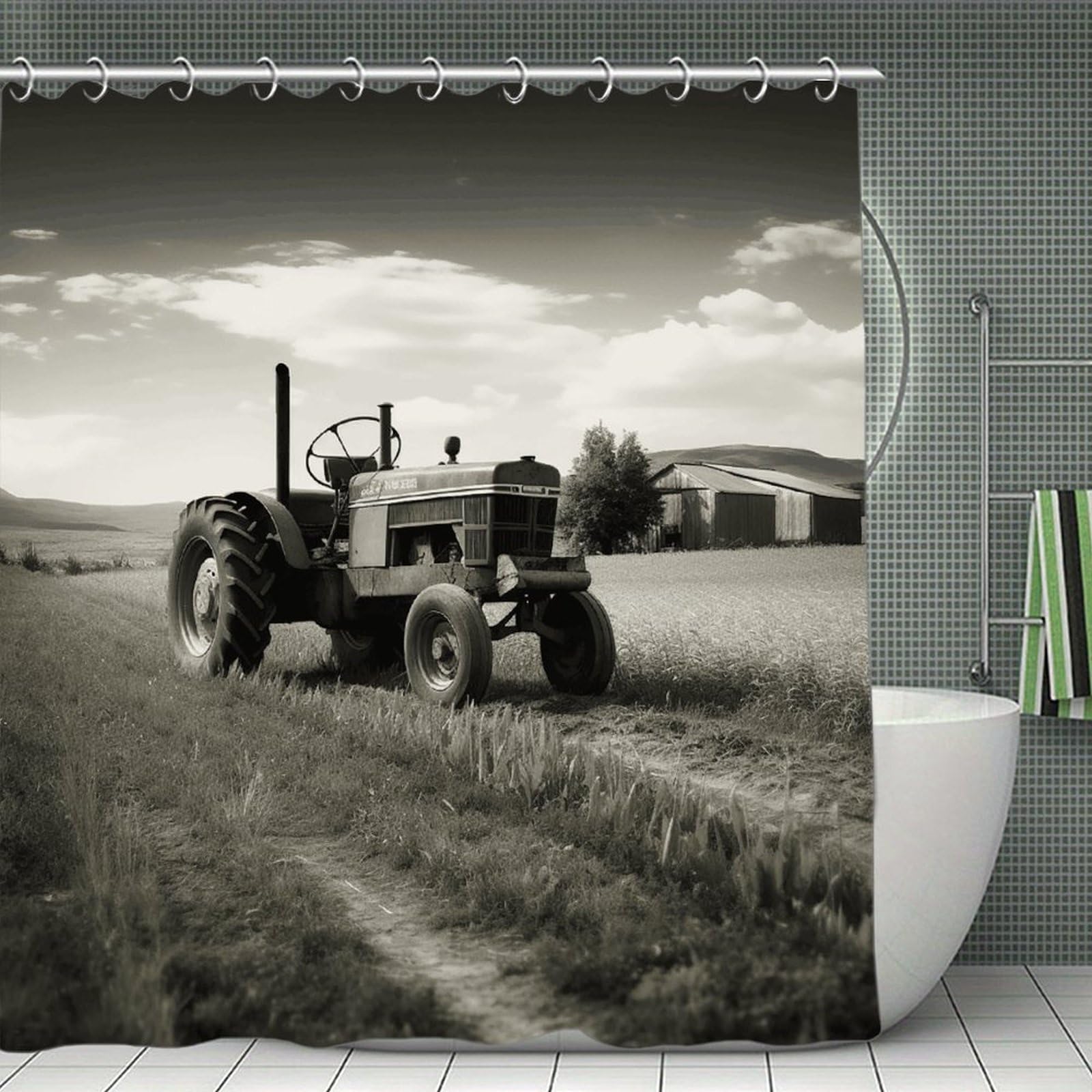 VstaDank Tractor Agriculture Tranquil Shower Curtain Waterproof Bathroom Shower Curtain with C Type Hooks Soft Lightweight Shower Curtains Liner Washable Polyester Cloth Shower Liner 71x71 Inch
