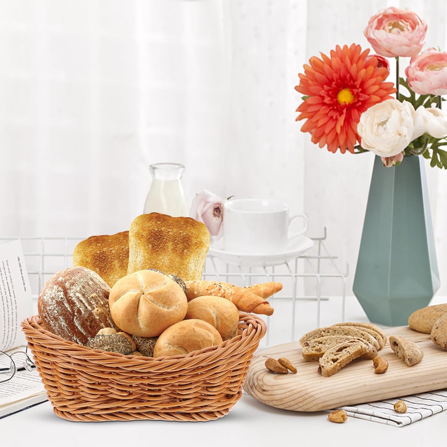 Cabilock Bread Basket 7.48X5.11X2.95 Inch Handwoven Wicker Serving Basket for Bread Fruits Snacks Kitchen Table Organizer