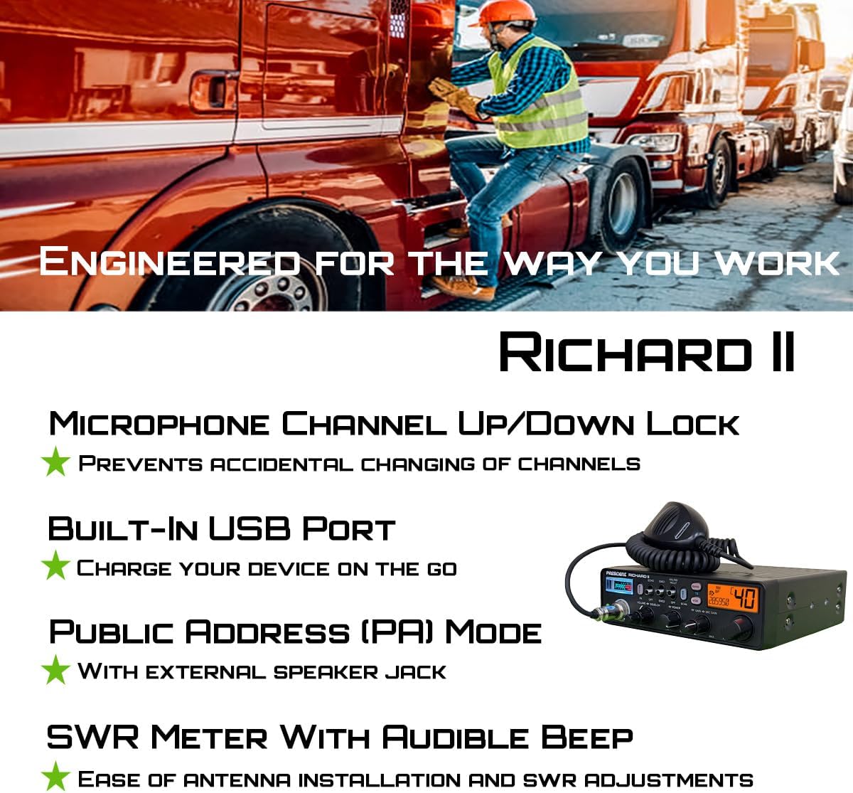 President Richard II 10 Meter Amateur Radio Service 28 to 29.7MHz, OEM Truck Size, with Voltage Protection
