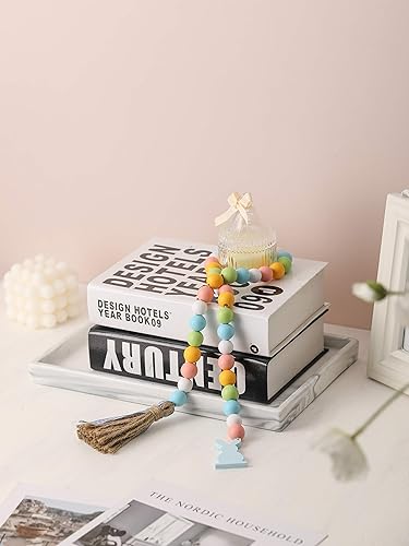 Vista 4 de Guirnalda de cuentas de madera de primavera de Pascua con borlas y etiqueta de conejo, cuentas de madera de granja para decoraciones de bandejas