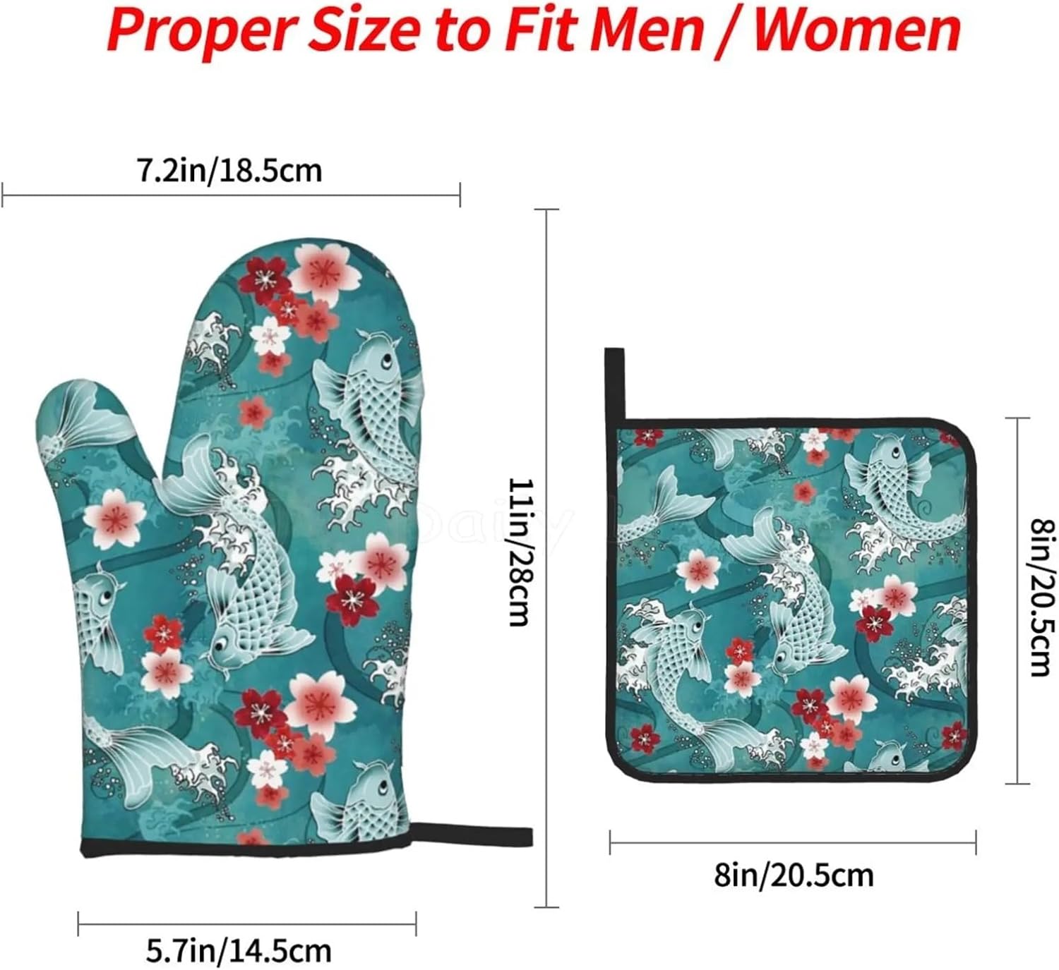 Cool Koi Cherry Sakura Blossom Oven Mitts and Pot Holders Sets of 4 Non-Slip Cotton Lining Gloves(Red and Balck)