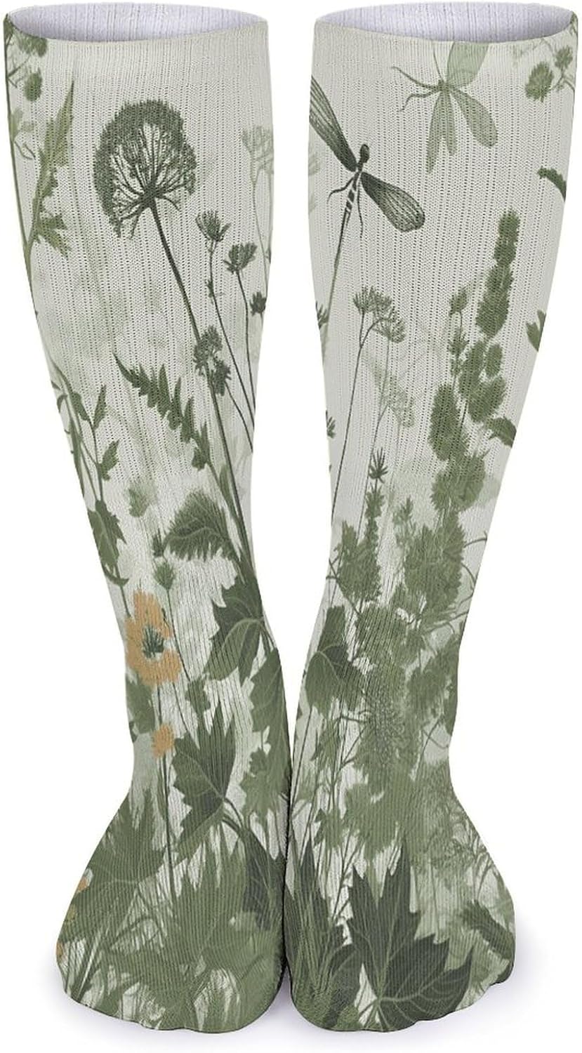 Foliage And Herbs with Dragonflies Winged Knee High Socks Cozy Knee High Socks Soft Mid-Length Sock for All Seasons Daily Wear Adult