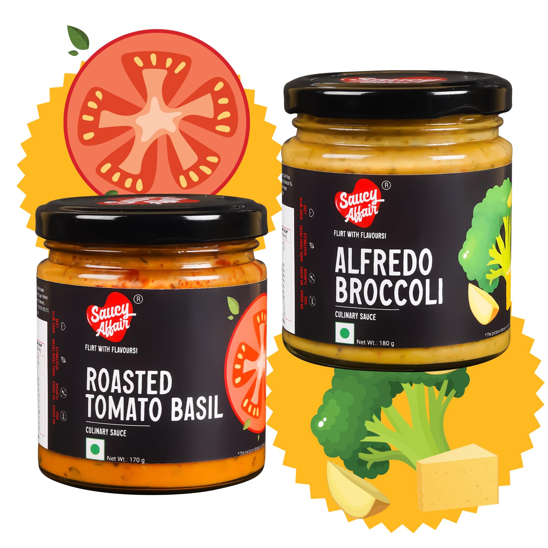 Saucy Affair Alfredo Broccoli Sauce 180g + Roasted Tomato Basil Sauce 170g | No Added Flavour | Pizza & Salads Dressing Spreads & Dip Sauce Combo | Ready to Eat (Pack of 2)