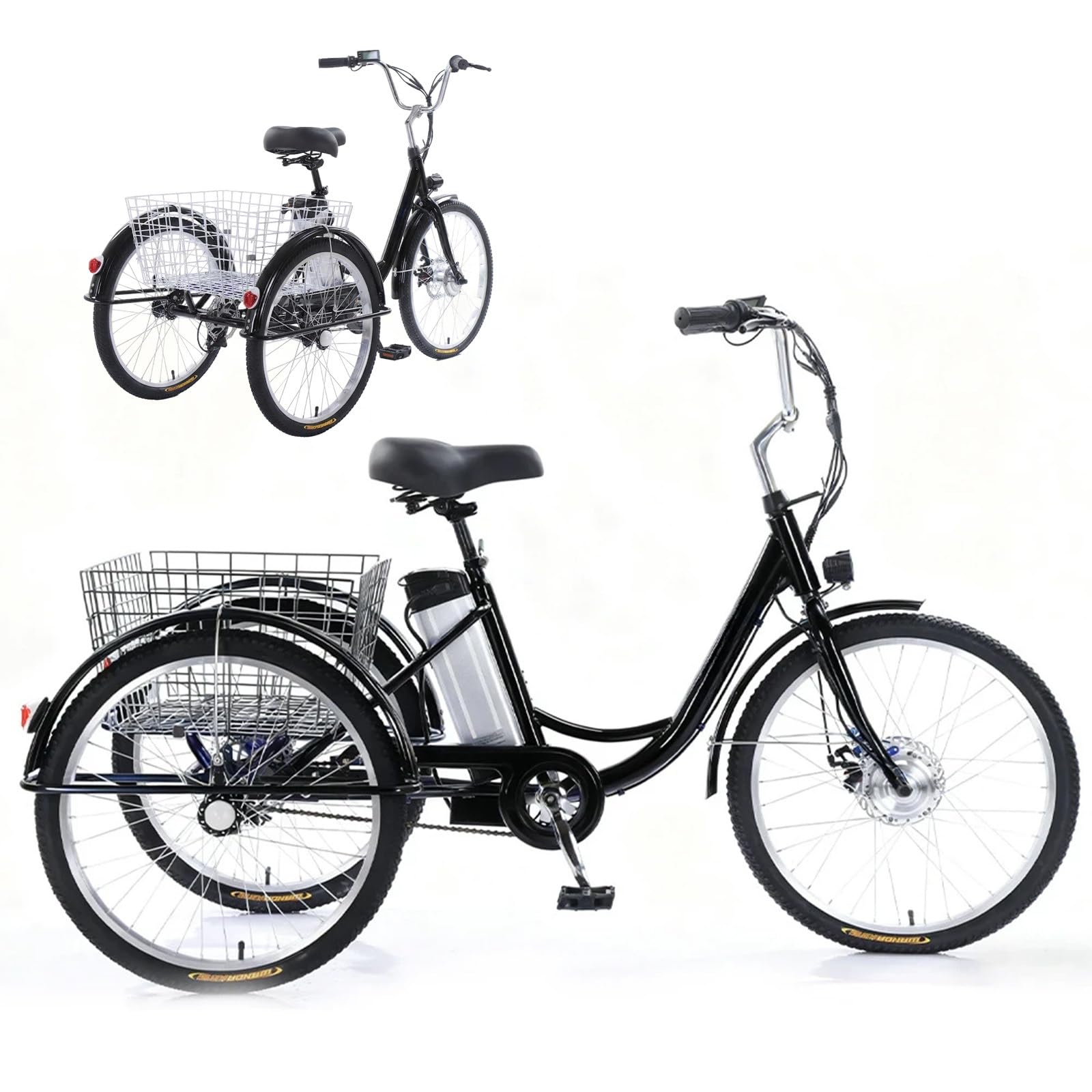 Tricycle Cargo électrique pour Adulte, vélo électrique à 3 Roues avec pneus de 24 Pouces, Batterie Amovible et écran numérique pour Les Courses Quotidiennes (Noir).