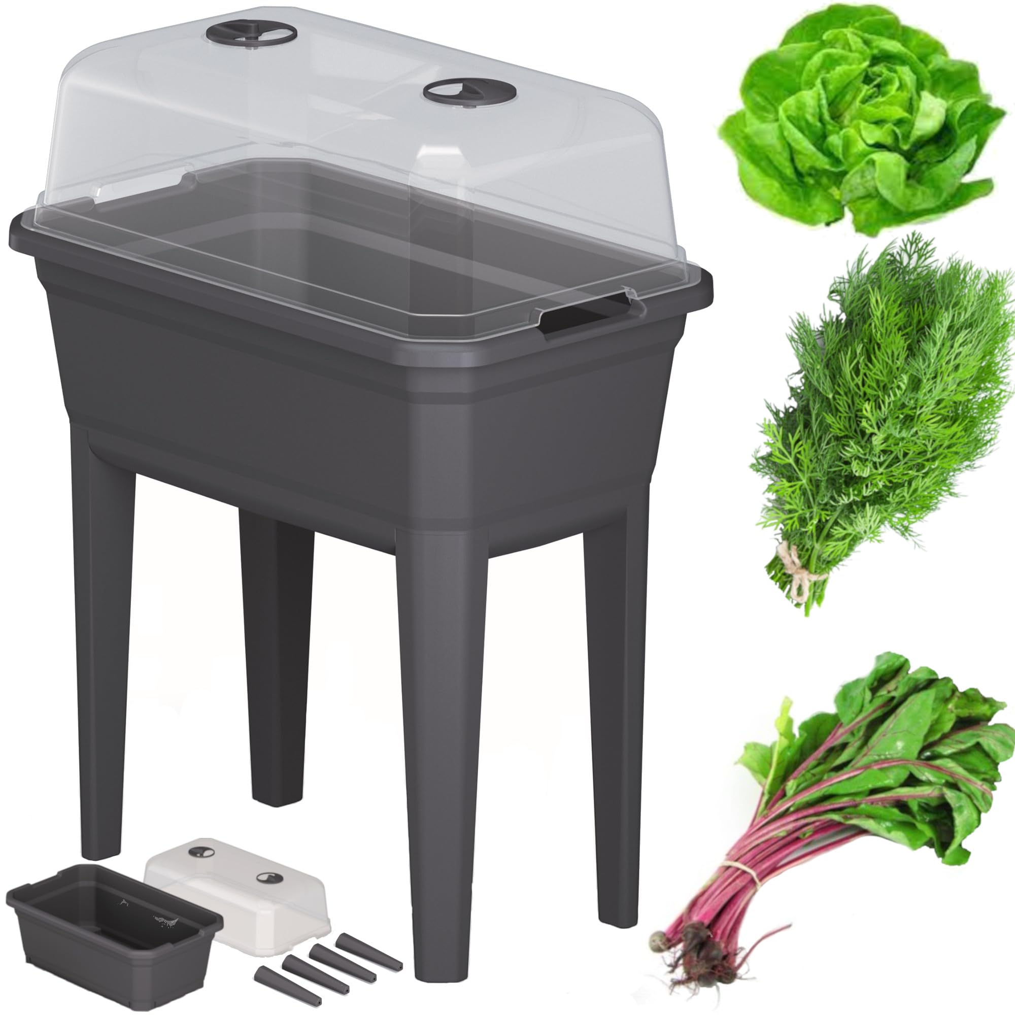 Set di 9 mini vasi per serra Planter antracite 59,6 x 75,3 cm + annaffiatoio giraffa piccolo 1,5 l + attrezzi da giardino, 7 attrezzi da giardinaggio, attrezzi da giardinaggio, fioriera con coperchio