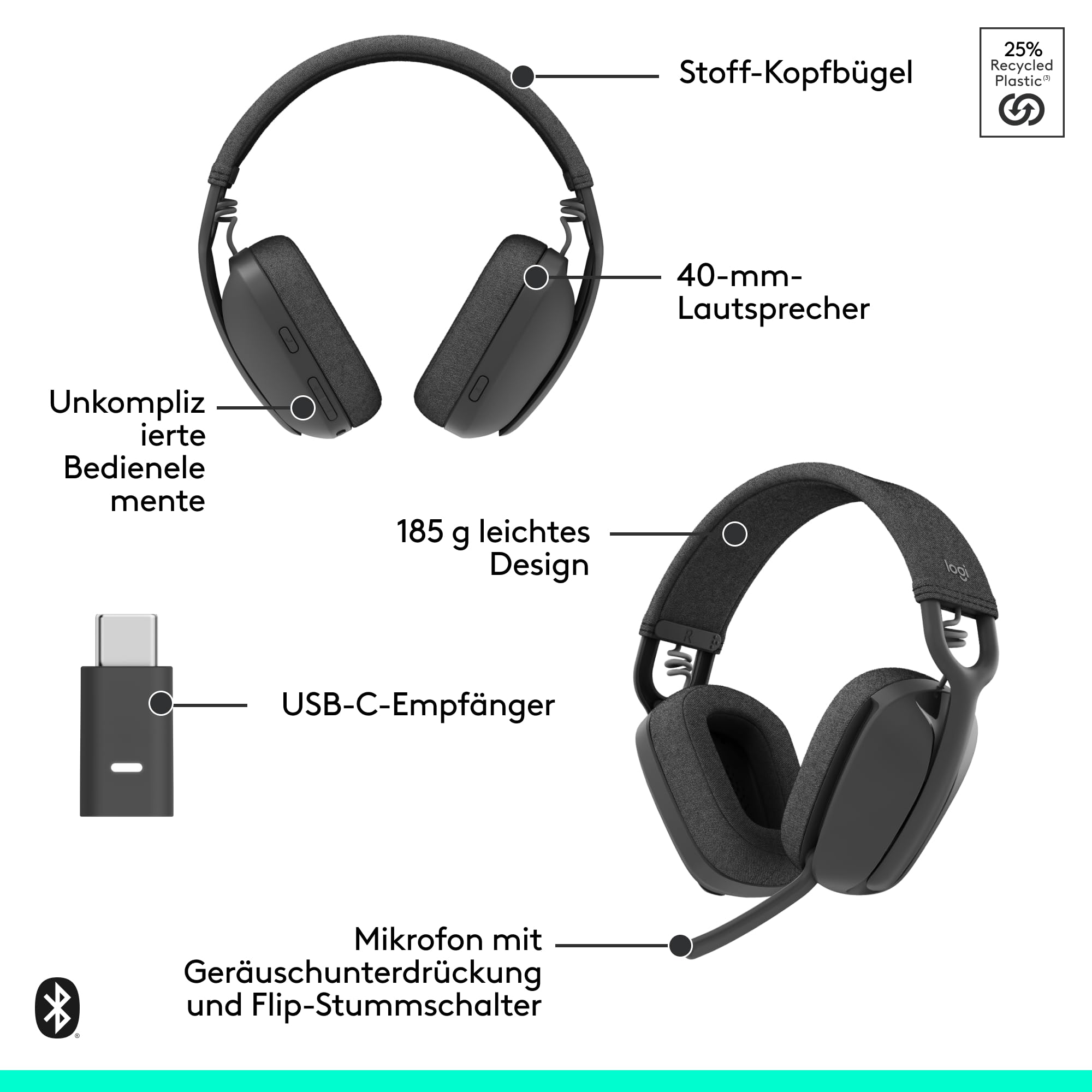 Logitech Zone Vibe Wireless Bluetooth Kopfhörer mit Mikrofon mit Geräuschunterdrückung, USB-A, USB-C, Zertifiziert für Google Meet, Google Voice, Zoom, Mac/PC - Grau