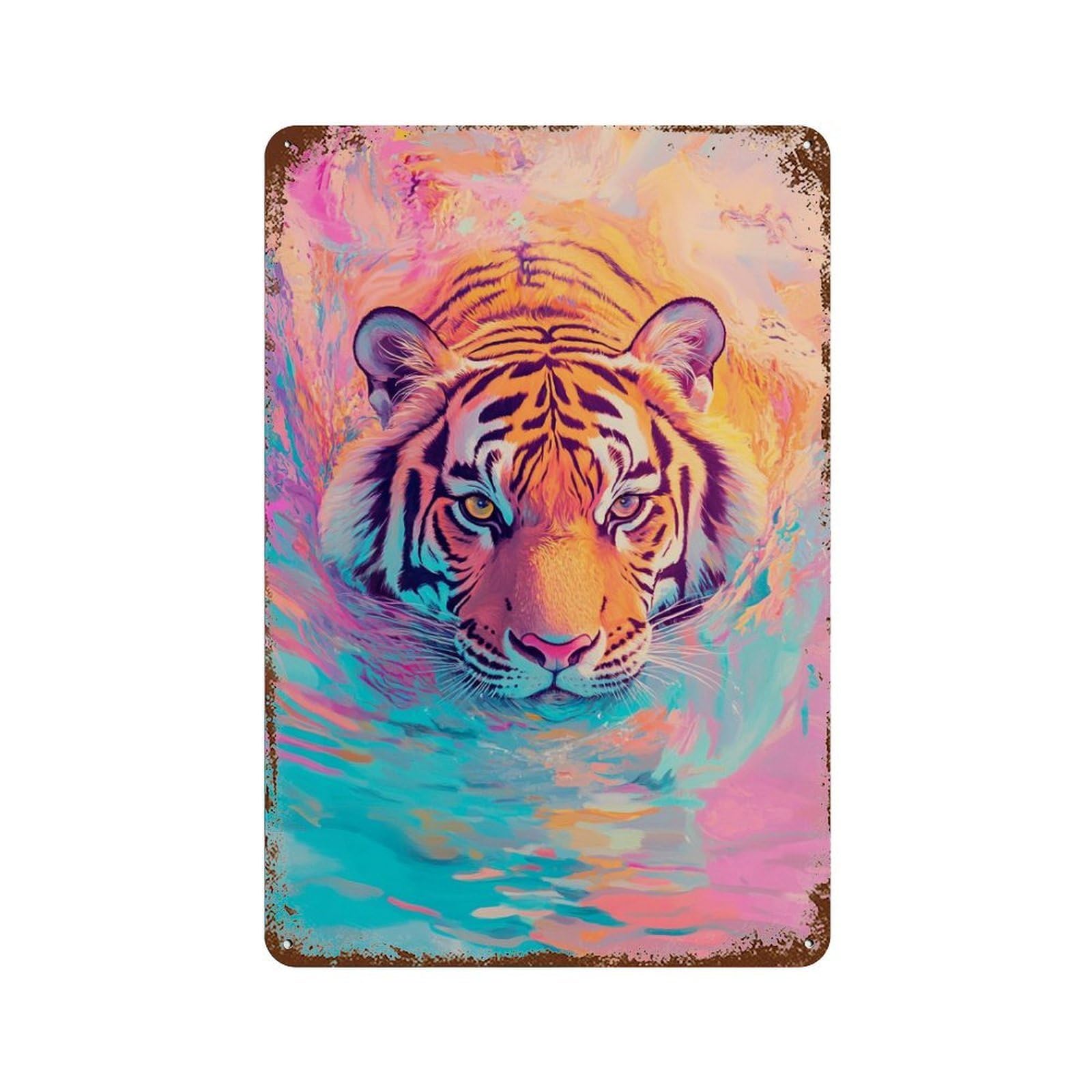 Colorful Tiger Painting Artwork-1 Distressed Metal Wall Sign 11.8"x7.9", Ideal for Pub, Kitchen And Man Cave Decor