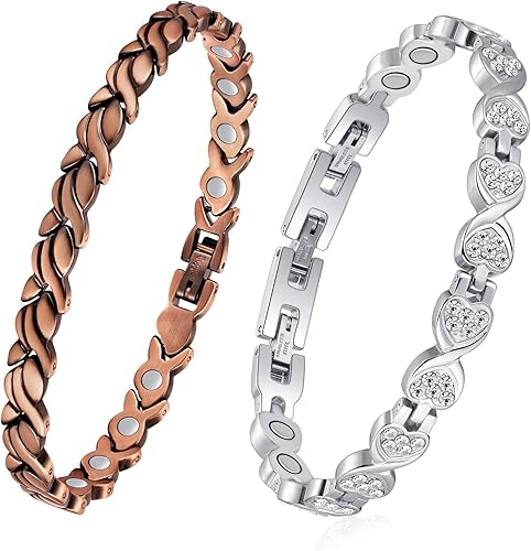 Feraco 2 pulseras de cobre y pulseras magnéticas para mujer con 3800 imanes de terapia Gauss, pulsera magnética de acero de titanio con circonita