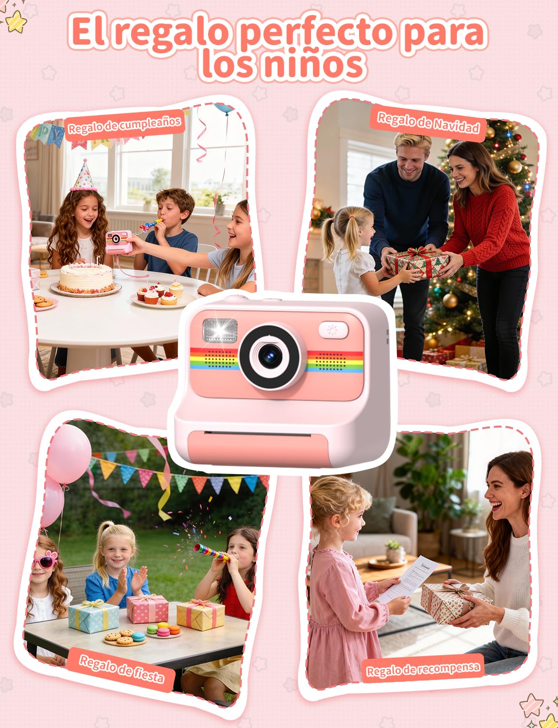 LIORQUE Camara Fotos Infantil Instantanea, 2.4'' HD 1080P Camara de Fotos Instantaneas con Tarjeta de 32G y Papel de Impresión, Bolígrafos de Colores DIY, Regalo para Niños de 3 a 12 Años (Rosa)