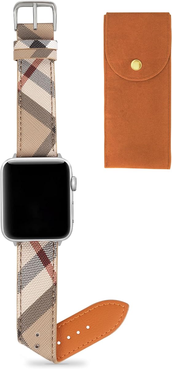 Correa de reloj de diseñador para mujer compatible con correas de Apple Watch de 41 mm, 40 mm y 38 mm, correa de cuero de lujo clásica a cuadros beige compatible con iWatch Series 11 (42 mm)/10 (42 mm)/9/8/7/6/5/4/3/2/1/SE