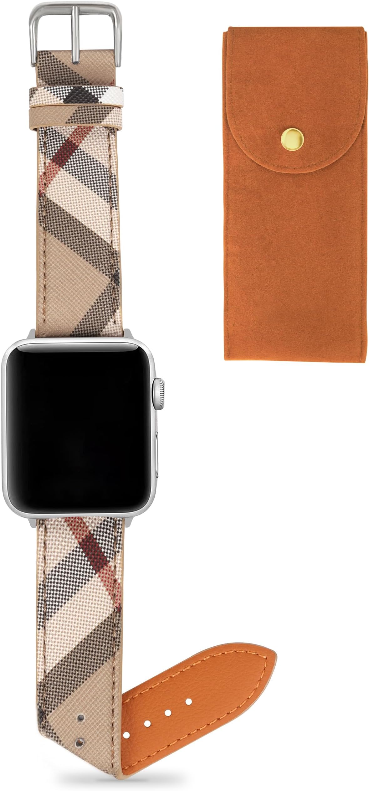 Leather Watch Band Compatible with Apple Watch Bands 45mm 44mm 42mm 41mm 40mm 38mm, Luxury Designer Classic Beige Plaid Watch Band Compatible for iWatch Series 9/8/7/6/5/4/3/2/1/SE Women¡