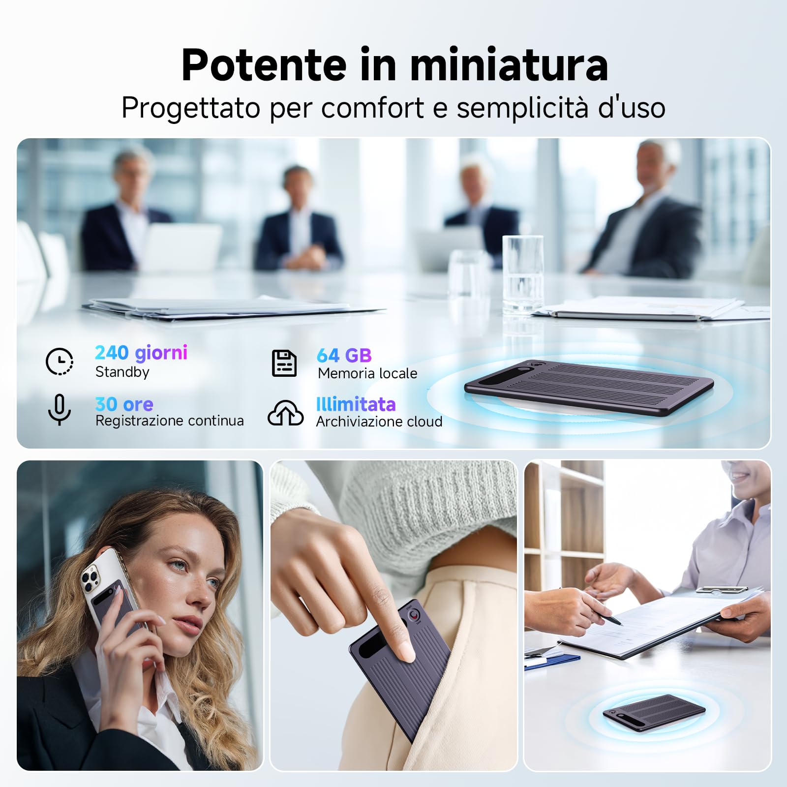 Registratore Vocale AI con Memoria 64GB - Trascrizione e Riassunto Automatico, Oltre 80+ Lingue, Registratore Digitale Professionale per Riunioni/Lezioni/Interviste, Controllo App, con Custodia