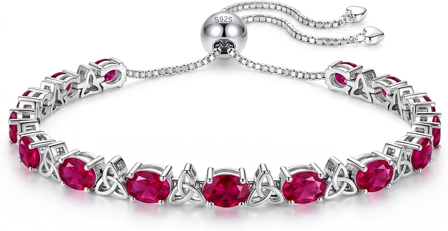 Birthstone Tennis Bracelet for Women, 7.5CT Oval Cut, White Gold Plated 925 Sterling Silver, Adjustable 6-8 inches Celtic Knot, Anniversary Birthday Gift