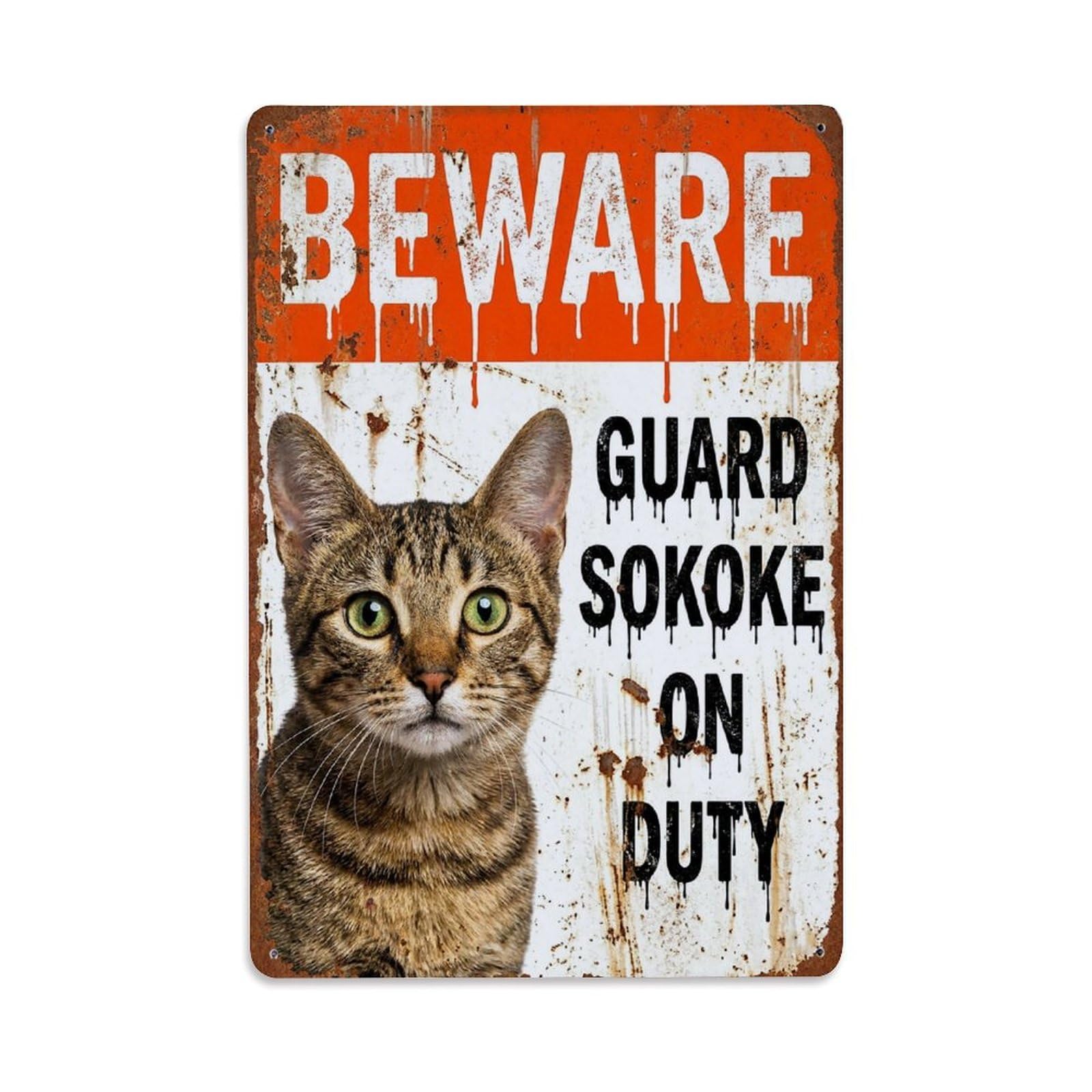 Vintage Funny Sokoke Guard Beware of Cat Zone Metal Tin Sign Plaque Wall Decor for Cafe, Club Bar, Office, Garden Metal Poster 8x12Inch