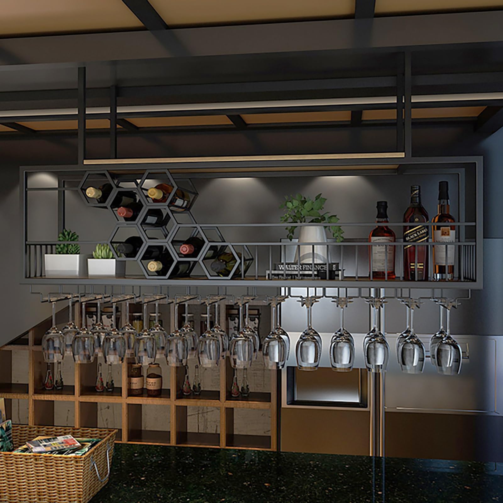 Modern Black Iron Wine Rack Suspended from Ceiling Hanging Shelf for Liquor Bottles Metal Floating Display Stand Stylish Wine Storage Solution 59.1" Length