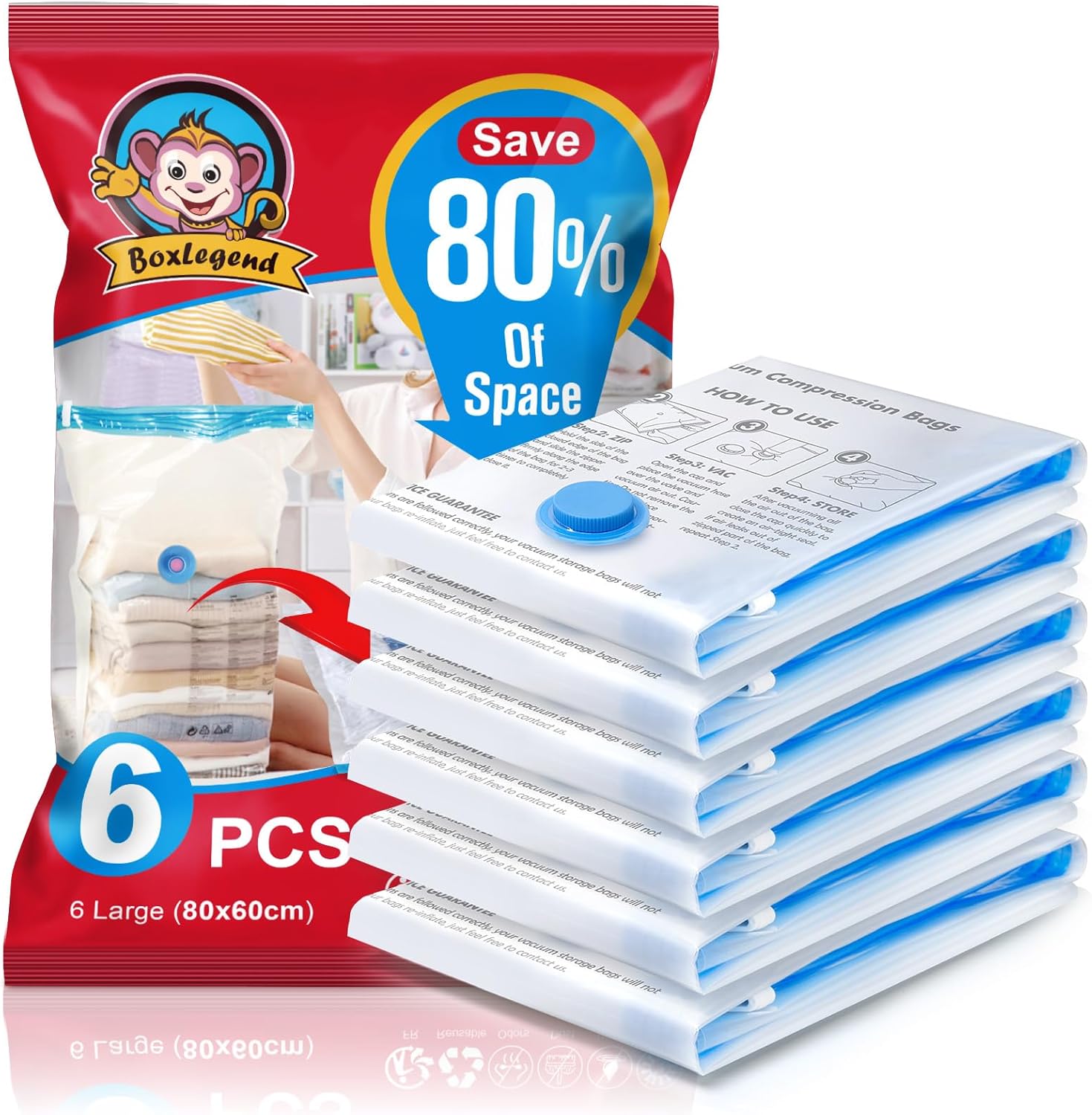 BoxLegend Lot de 6 Sacs de Rangement sous Vide Aspirateur, 6 * 80x60cm Sac de Compression Voyages Sacs Pour Vêtements Réutilisables pour Matelas, Tente, vêtements, Couettes, Literie, Oreillers