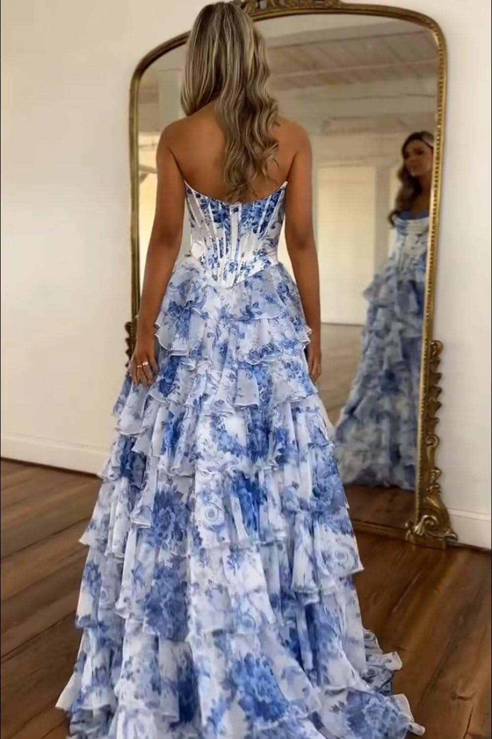 UZN Floral Print Tiered Prom Dress 2025 - Strapless Corset Gown With Slit