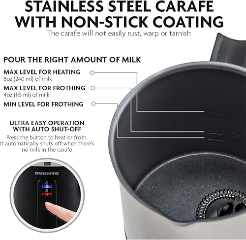 Miniatura 3 de Ovente Espumador de leche eléctrico de acero inoxidable y vaporizador, calentador de leche antiadherente portátil, función de apagado automático,