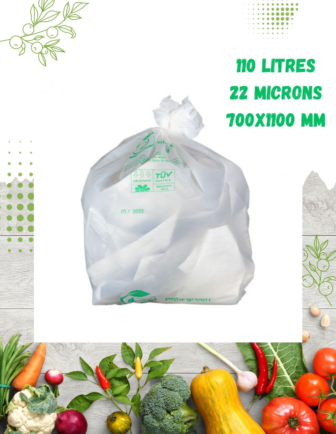 Bolsa de basura blanca biodegradable y compostable | Lote de 50 bolsas ecológicas responsables | Fabricación de materiales vegetales: almidón de maíz | resistente – impermeable | OK Compost EN12432