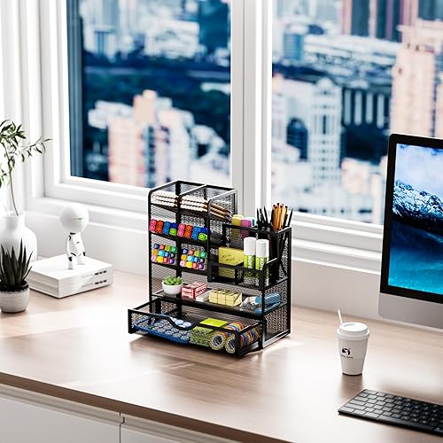 Miniatura 4 de Marbrasse Organizador de escritorio de malla para bolígrafos, organizador de lápices multifuncional con cajón, organizadores de escritorio y