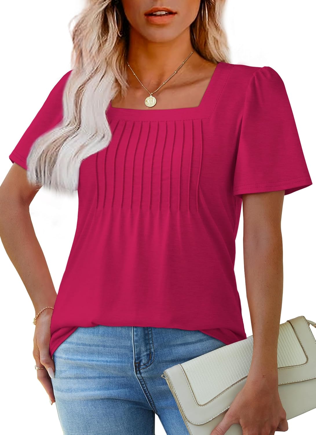 OFEEFAN T Shirts for Women Pleated Square Neck Dressy Casual Blouses Puff Short Sleeve Summer Tops Loose Fit - Image 2