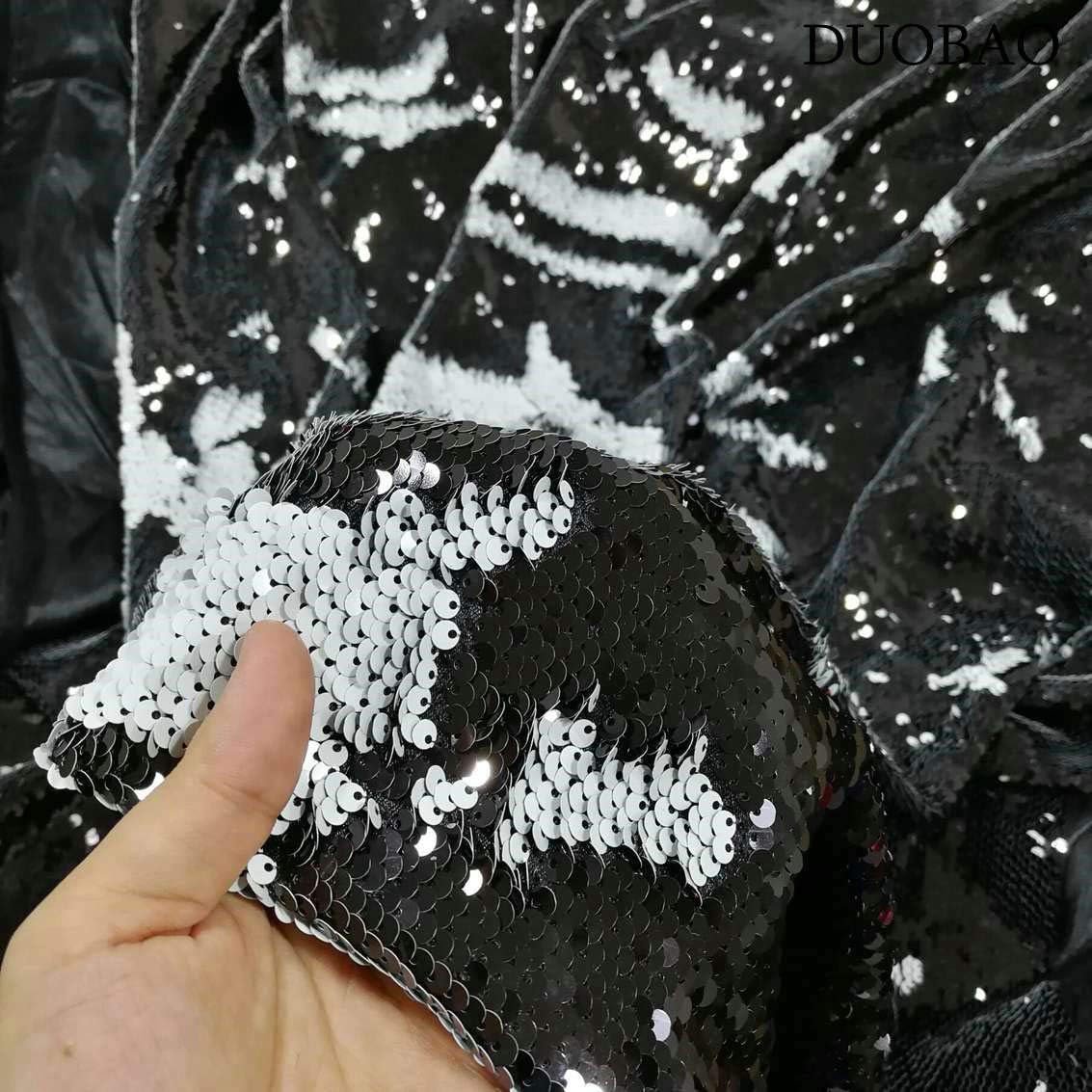 DUOBAO Sewing Fabric by The Yard Black to White Changing Color Reversible Sequin DIY Fabrics Flip High Density Sequins for Wedding Dress