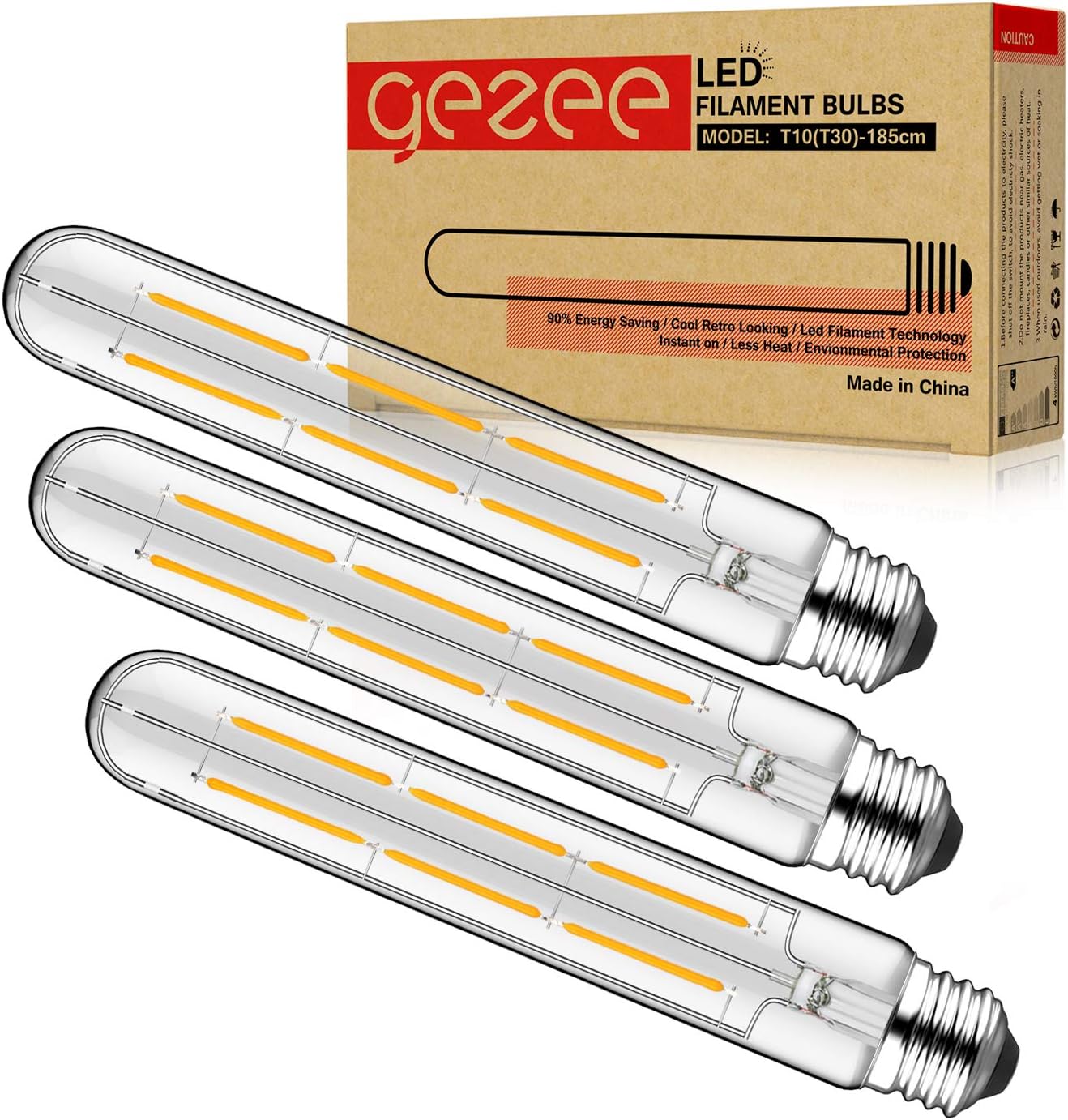 gezee T10(T30),3-Pack,Dimmable 6W Long Tube Decorative Light Bulb,Edison Style Vintage LED Filament Light Bulb,Antique Shape, Warm White 2700K,600LM(60W Equivalent), E26 Medium Base Lamp,7.3in(185mm)