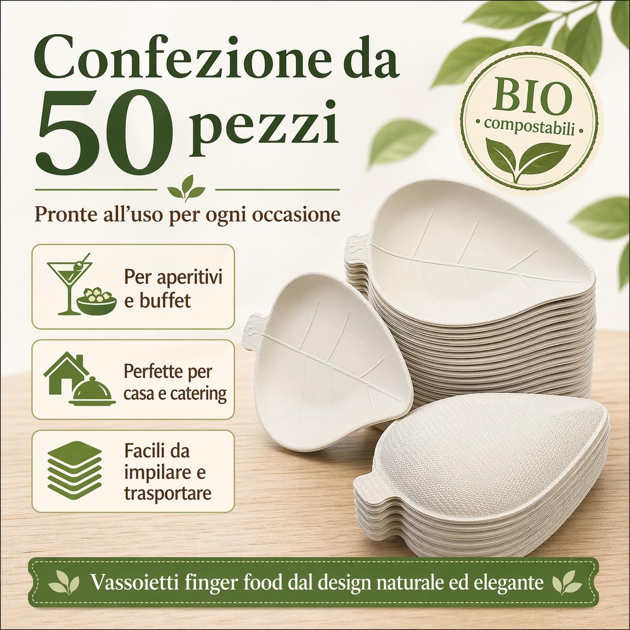 50 PZ Ciotoline aperitivo usa e getta foglia BIO monoporzioni finger food vassoio aperitivo in polpa di cellulosa ciotola snack
