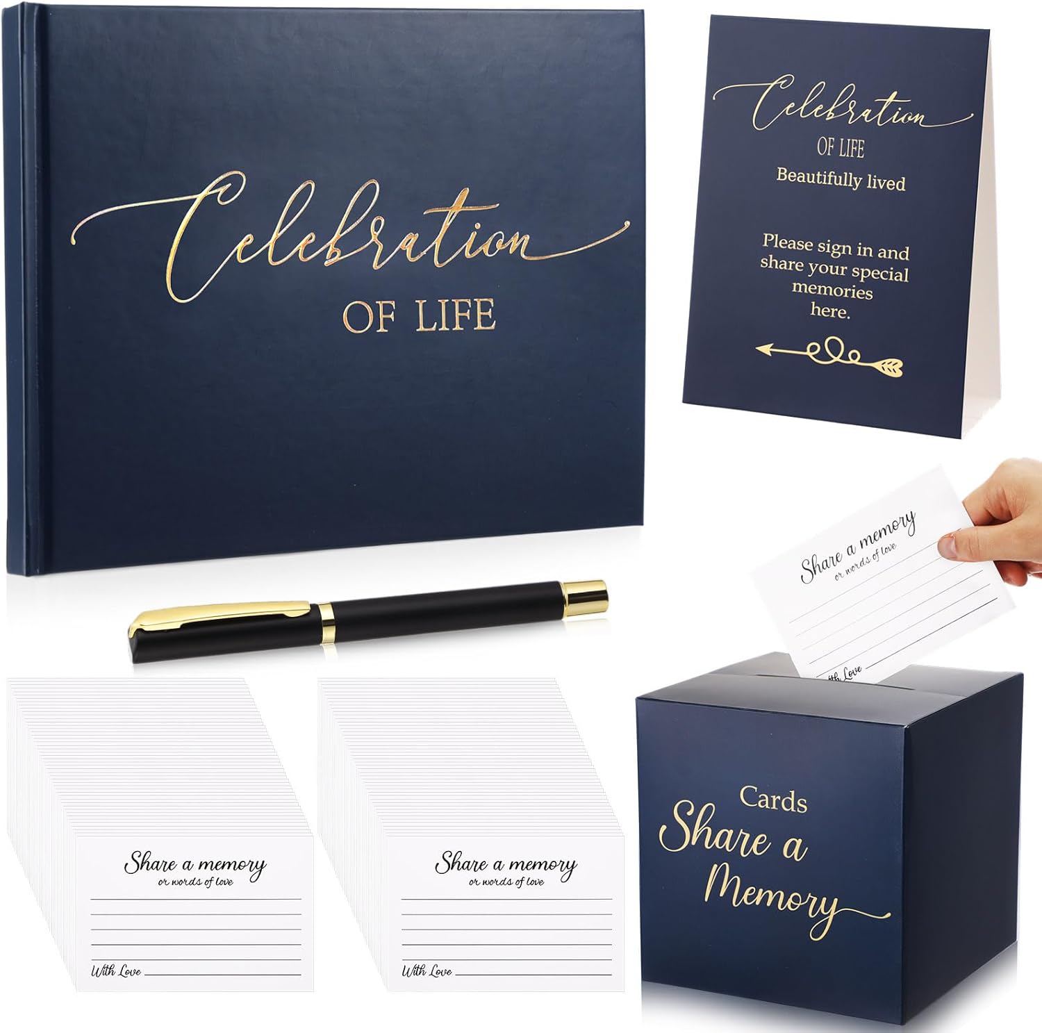 64 Pcs Guest Book Set Funeral Guest Book Celebration of Life for Memorial Service with 60 Pcs Share a Memory Cards Box Table Pen Guestbook Sign in Loving Memory for Registry(Blue)
