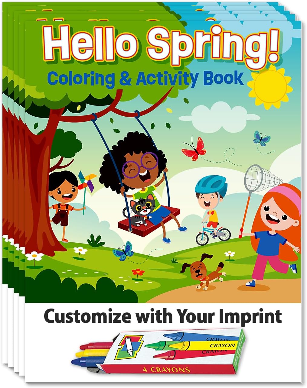ZOCO - Hello Spring - Custom Promotional Coloring & Activity Books (250 Bulk Pack, with Crayons) - Daycare Handout, Party Favors - Games, Puzzles, Activities for Kids